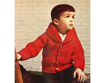 Pull vintage enfant en grosse maille, col châle, tailles 4, 5 et 6. Patron PDF téléchargeable instantanément.