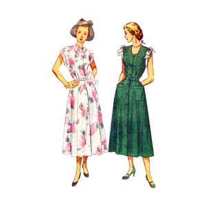 May include: Illustration of two vintage dresses. One is white with a pink floral pattern, a bow at the neck, and a matching belt. The other is a solid green dress with a button-down front, pockets, and a belt. Both dresses are knee-length.