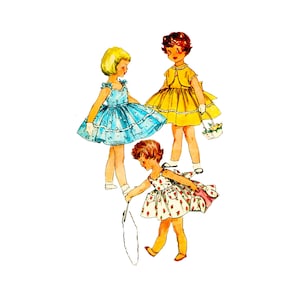 May include: A watercolour illustration of three young girls in vintage dresses. One girl wears a blue dress with white polka dots, another a yellow dress with a matching jacket, and the third a white dress with red floral print.