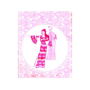 May include: Two women wearing long dresses with floral patterns. The woman on the left is wearing a pink and white dress with bell sleeves and a slit up the side. The woman on the right is wearing a solid pink dress with bell sleeves. The background is a pink and white floral pattern.