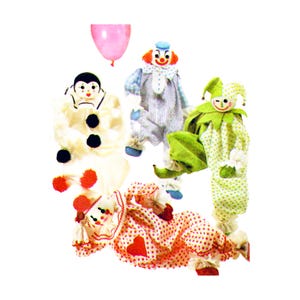 May include: A collection of vintage clown dolls in various outfits. One doll is white with black pom-poms, another is in a blue and white striped outfit, and a third is in a green and white polka-dot outfit. A pink balloon floats above.