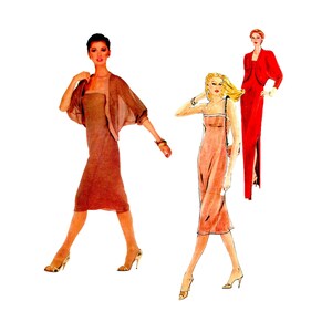 May include: Illustration of three women in dresses. One woman wears a brown dress with a matching sheer shawl. Another woman is in a peach-colored dress with thin straps. The third woman is in a red dress with a matching jacket.