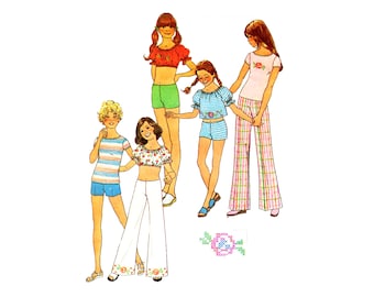 70s Simplicity 7511 Girls' Bell Bottoms, Crop Tops, Shorts, T-Shirts Vintage Sewing Pattern Size 12 and 14 UNCUT