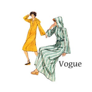 May include: A sewing pattern illustration featuring two hooded robes. One is a solid yellow robe with a front zipper and flared sleeves. The other is a white and green striped robe with a drawstring waist and hood. The text Vogue is visible.