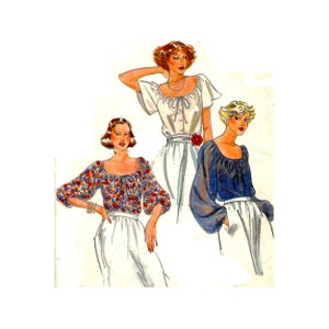 May include: Three women wearing different blouses with a square neckline and a bow tie detail. The blouses are in white, blue, and a floral print. The women are wearing white skirts.