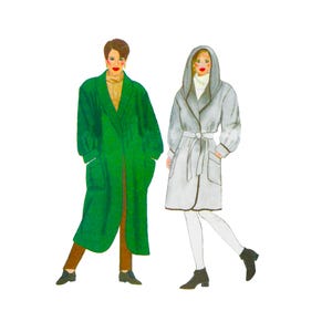 May include: Watercolor illustration of two figures wearing long coats. One figure is in a long green coat with large pockets, and the other is in a gray coat with a hood and a belt. Both figures are wearing boots.