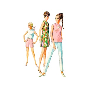 60s Simplicity 7591 Misses' Mini Dress, Shorts, Skinny Pants and Standing Collar Top Vintage Sewing Pattern Size 12 Bust 34 image 1