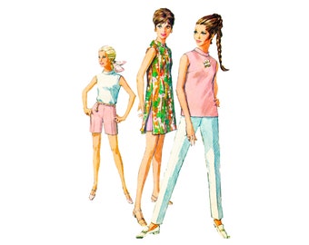 60s Simplicity 7591 Misses' Mini Dress, Shorts, Skinny Pants and Standing Collar Top Vintage Sewing Pattern Size 12 Bust 34