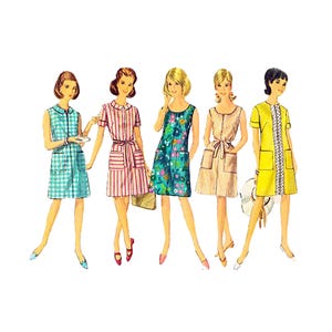 May include: Illustration of five women in vintage dresses. The dresses are in various styles and colors, including a blue and white checkered dress, a pink striped dress, a floral print dress, a beige dress, and a yellow dress. Each dress has unique details.