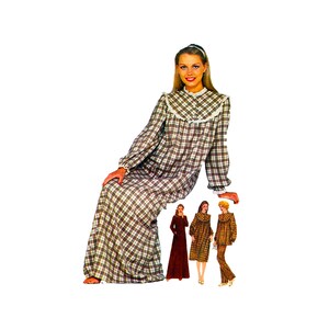May include: A woman in a long-sleeved, plaid nightdress with a white lace collar and cuffs. The nightdress is brown, white, and red. Three other outfits are shown below the woman, including a long burgundy dress and two plaid outfits.
