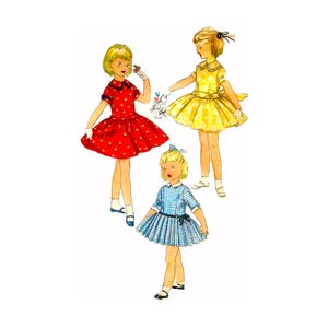 May include: Illustration of three young girls in vintage dresses. One girl wears a red dress with a floral pattern, another a yellow dress with a polka dot pattern, and the third a blue plaid dress. All dresses have a flared skirt.