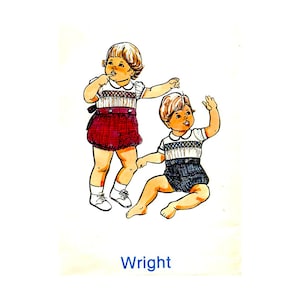 May include: Illustration of two children in vintage outfits. One child stands wearing a white shirt with a patterned collar and red shorts. The other child is seated, wearing a similar shirt and blue shorts. The word "Wright" is printed in blue.