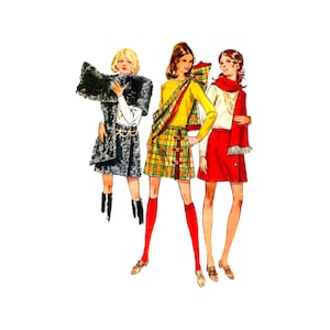 May include: Three women wearing different outfits. The woman on the left is wearing a black and white fur coat, a black skirt, and black boots. The woman in the middle is wearing a yellow sweater, a plaid skirt, and red tights. The woman on the right is wearing a white sweater, a red skirt, and a scarf.