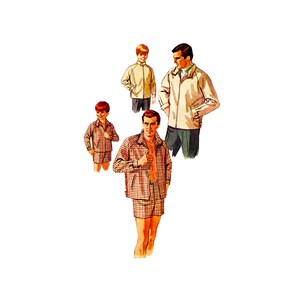 May include: Four people wearing jackets and shorts. The jackets are beige and plaid. The shorts are plaid.