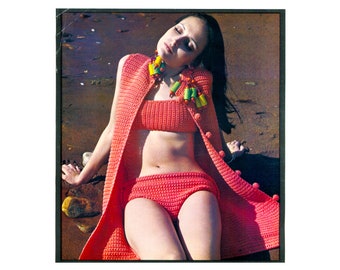 PDF 60s Crochet Halter Bikini and Cover-Up PDF Instructions "Orange Float" #6936 Size 8-10 or 12-14