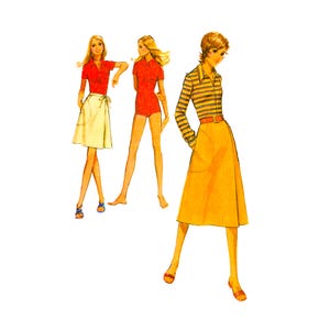 May include: A fashion illustration featuring three outfits: a red short-sleeved shirt with a white wrap skirt, a red short-sleeved romper, and a long-sleeved striped shirt paired with a yellow A-line skirt and a brown belt, all displayed on figures.