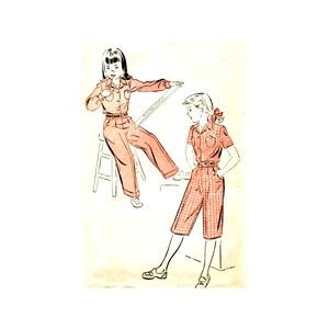 May include: Two illustrations of girls wearing red and white gingham print jumpsuits. The girl on the left is sitting on a stool and has her leg extended. The girl on the right is standing with her hands in her pockets.
