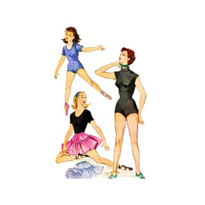 May include: Three women wearing different dance outfits. The woman on the left is wearing a black leotard and a pink ruffled skirt. The woman in the middle is wearing a blue leotard. The woman on the right is wearing a black leotard with a green scarf around her neck.