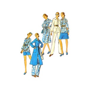 May include: Five women wearing different styles of clothing. The women are wearing blue and white patterned dresses, pantsuits, and jackets. The clothing has a retro 1970s style.