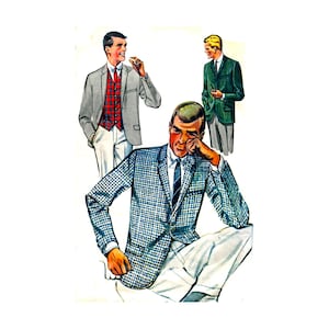 May include: Illustration of three men in vintage suits. One man is wearing a blue and white checkered blazer, white pants, and a striped tie. Another is in a gray blazer with a red plaid vest. The third man is in a green blazer.