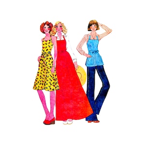 May include: Three women wearing different styles of dresses. The woman on the left is wearing a yellow floral dress with a red belt. The woman in the middle is wearing a red dress with a white blouse. The woman on the right is wearing a blue and white striped shirt with a blue denim skirt.