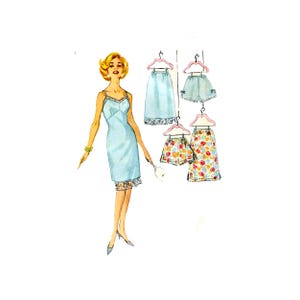 May include: Illustration of a woman in a light blue slip dress with lace trim, holding a spoon. Several vintage lingerie pieces hang on pink hangers: a skirt, shorts, and a floral skirt. The style is reminiscent of the mid-20th century.