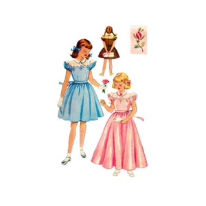 May include: Vintage illustration of three girls in dresses. One girl wears a blue dress with white gloves and a bow. Another girl is in a pink dress, and the third is in a brown dress. A floral design is also present.