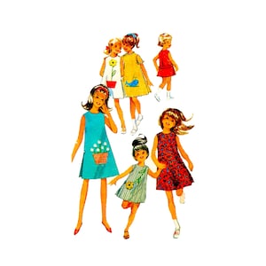 May include: Illustration of seven young girls wearing colorful dresses. The dresses feature various designs, including flowers, a whale, and stripes. The color palette includes red, yellow, blue, and green, with white accents. The girls are in a playful pose.