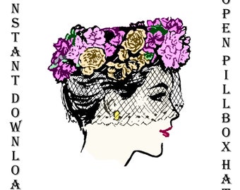 May include: A black and white illustration of a woman wearing a floral hat with pink and yellow flowers. The hat is a pillbox style and the woman is wearing a veil. The text "INSTANT DOWNLOAD" is on the left side of the image and "OPEN PILLBOX HAT" is on the right side of the image.