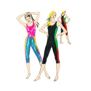 May include: Illustration of three figures in athletic wear. One figure wears a pink tank top and blue and yellow leggings. Another figure is in a black jumpsuit with green and red side stripes. The third figure is in a black and red dress.