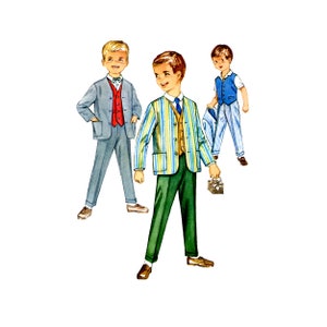 May include: Three boys wearing different outfits. The boy on the left is wearing a grey suit with a red waistcoat and a bow tie. The boy in the centre is wearing a green and yellow striped jacket with a brown waistcoat and green trousers. The boy on the right is wearing a blue and white striped shirt with a blue waistcoat and white trousers.