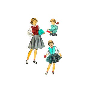 May include: Three girls wearing school uniforms. The girl on the left is wearing a red and white plaid vest, a grey skirt, and a blue book. The girl in the middle is wearing a blue and white striped shirt, a blue vest, a plaid skirt, and holding a red apple. The girl on the right is wearing a blue and white patterned shirt and a grey skirt.