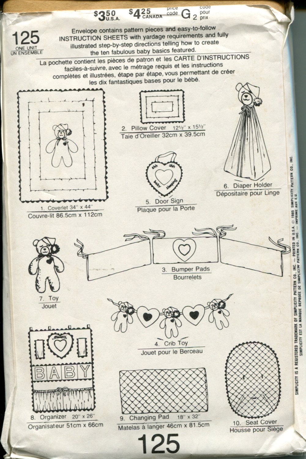 Simplicity 125 Sewing Pattern: Baby Nursery Decor, Quilt, Mobile (UNCUT ...