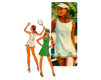 1970s Simplicity 5572 Scalloped Princess Seam Tennis Dress Panties and Visor Womens Vintage Sewing Pattern Size 8 UNCUT