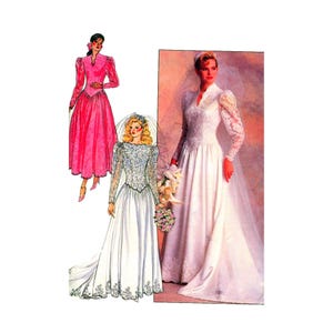 May include: A sewing pattern illustration featuring three dress designs: a bright pink long-sleeved dress, a white wedding gown with lace bodice and veil, and a photograph of a person wearing a white lace-sleeved wedding dress with a veil.
