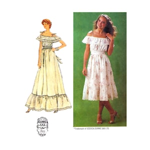 Peut inclure: Image d'une robe vintage, avec une illustration et une photo. L'illustration montre une longue robe épaules nues à volants. La photo présente une femme portant une robe blanche à motifs floraux, avec une jupe à volants et un col à volants.
