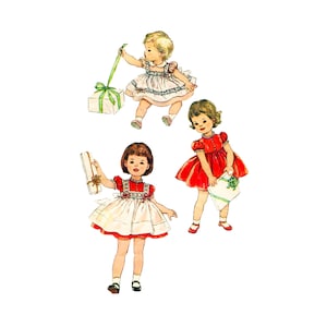 May include: Illustration of three young girls in vintage dresses. One girl is opening a gift with a green ribbon, another is holding a gift, and the third is holding a wrapped gift. The dresses are red and white with decorative details.