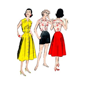 May include: Illustration of three women in vintage clothing. One wears a yellow button-down dress, another a floral top with black shorts, and the third a floral top with a red skirt. The image has a retro style, with a white background.