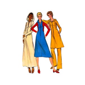 May include: Illustration of three figures in vintage hooded outfits. The outfits are in cream, blue with red accents, and yellow. Each outfit has a zipper down the front. The figures are standing against a white background.