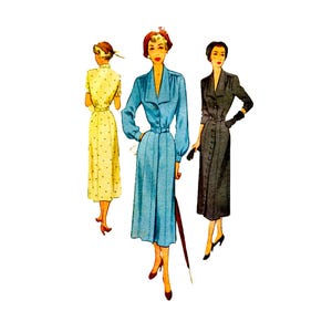May include: Illustration of three vintage dresses in a retro style. The dresses are in shades of yellow, blue, and gray. The blue dress has a belt and buttons. The gray dress has buttons down the front. The yellow dress has a polka dot pattern.