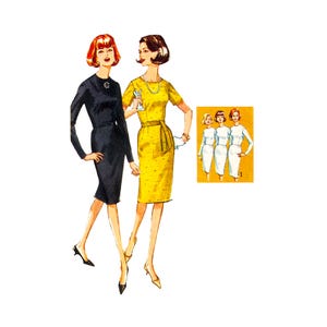 May include: Illustration of two women in dresses. One woman wears a black, long-sleeved dress with a belt and black heels. The other woman wears a yellow, short-sleeved dress with a belt and beige heels. A smaller image shows three women in white dresses.