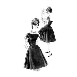 May include: Black and white illustration of two women wearing vintage dresses. The dresses have a fitted bodice and flared skirt. One dress has short sleeves with white trim. The other dress has a sleeveless design. Both women are wearing heels.
