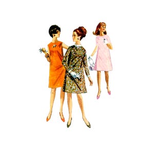 May include: Illustration of three women in vintage dresses. One wears an orange sleeveless dress, another a floral print long-sleeve dress, and the third a pink short-sleeve dress. All are wearing matching shoes and gloves.