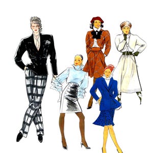 May include: Illustration of five fashion figures in different outfits. The figures are wearing a black blazer with plaid trousers, a brown skirt suit, a white dress with a bolero, a light blue blouse with a silver skirt, and a blue blazer with a polka dot skirt.