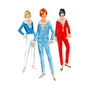 May include: Three outfits featuring long-sleeved jackets with ruffled collars and cuffs. The first is a blue polka-dot jacket with white pants. The second is a blue and white checkered jacket and pants. The third is a solid red jacket and pants.