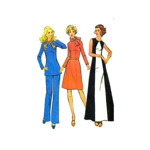 May include: Three women wearing different outfits. The woman on the left is wearing a blue pantsuit with a patterned scarf. The woman in the middle is wearing a red dress with a white collar and a belt. The woman on the right is wearing a black and white dress with a sleeveless design.