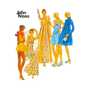 May include: A vintage fashion illustration by John Kloss featuring five figures wearing various garments including a yellow mini dress, a floral maxi dress, a long yellow coat, a light blue mini dress, and a blue long-sleeved dress with a high collar.