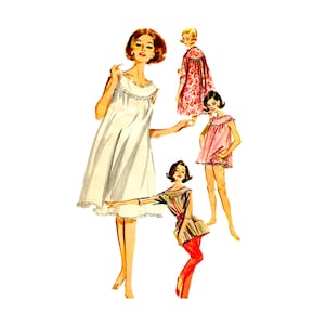 May include: Vintage illustration of women's clothing. A woman in a white nightgown with lace trim stands next to three other women in various outfits. One wears a red floral dress, another a pink nightgown, and the last a striped top with red pants.