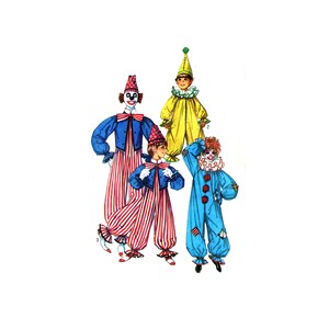 May include: Illustration of four clown costumes. The costumes include a blue jacket with red and white striped pants, a yellow jumpsuit, and a blue jumpsuit. Each costume has a matching hat and ruffled collar. The costumes are designed with a vintage aesthetic.