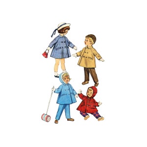 May include: Four children wearing winter coats. A girl in a blue and white checkered coat holds a red purse. A boy in a tan coat stands with his hands in his pockets. A girl in a blue coat holds a toy mallet. A girl in a red coat stands with her hands on her hips.